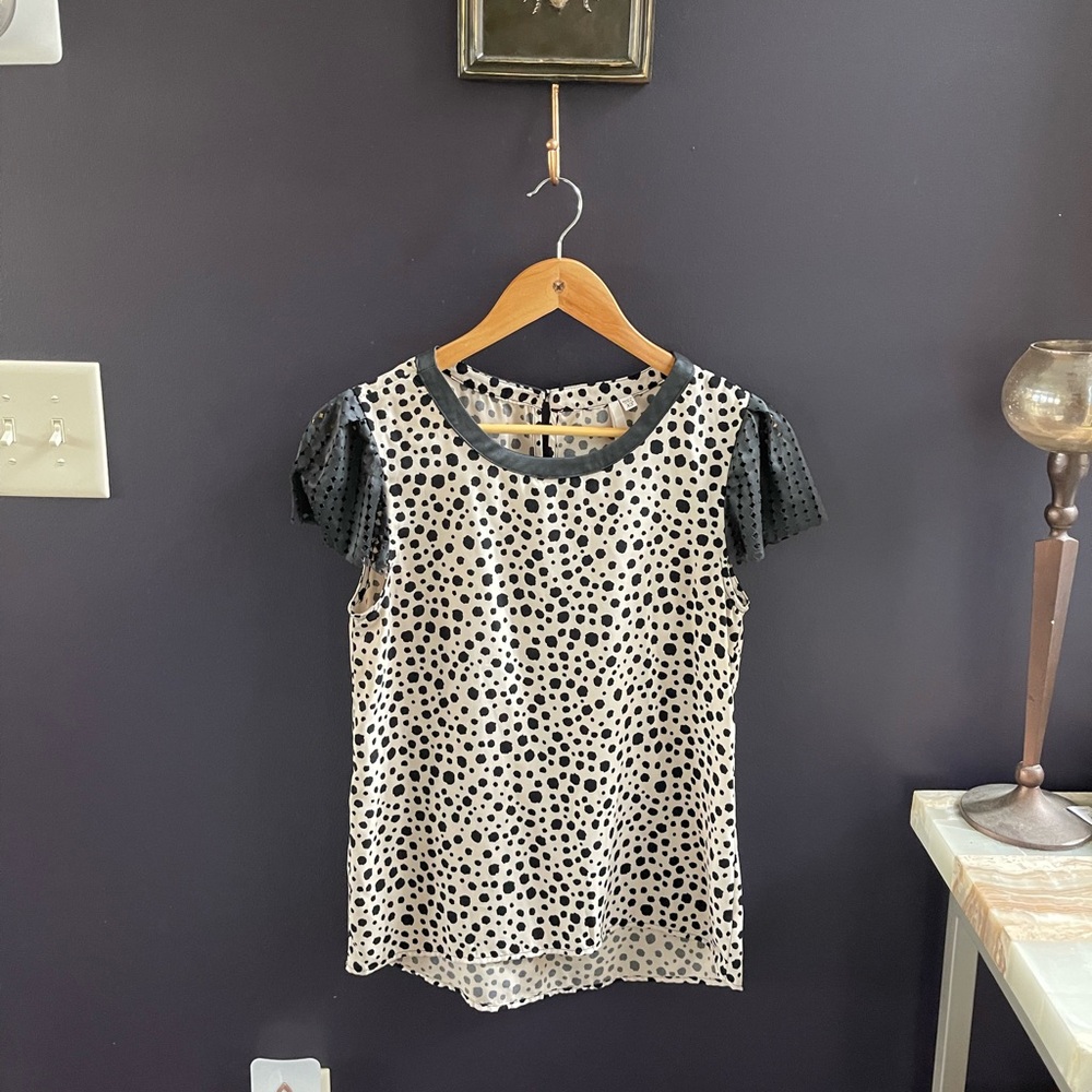 Vintage Polka Dot Black and White Women's Top with faux leather sleeves